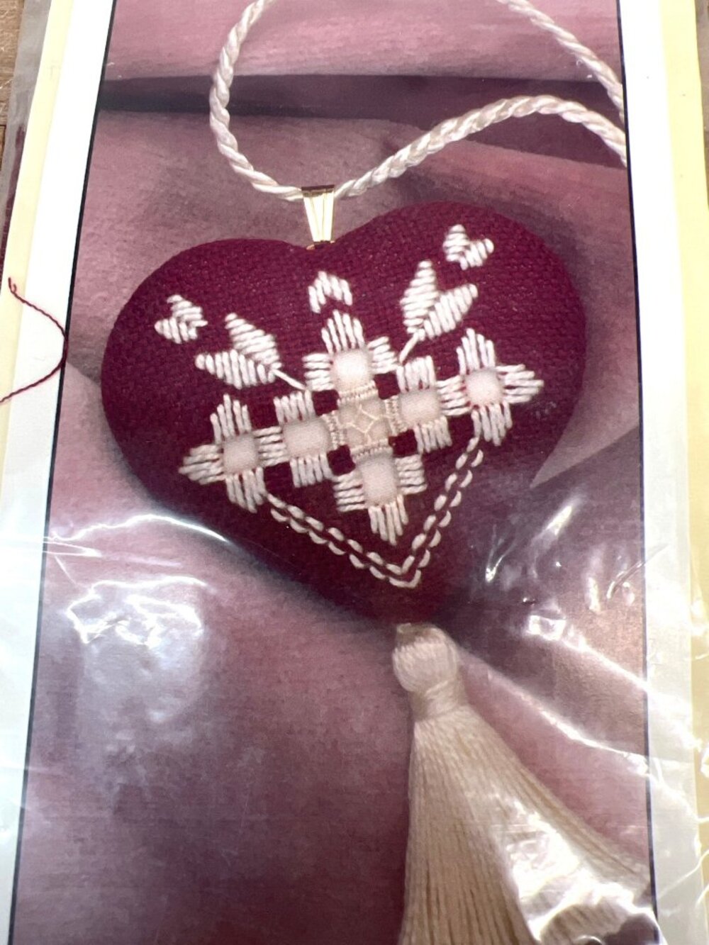 Hardanger Heart Ornament Craft Kit With Fabric Threads Brass Form & Instructions